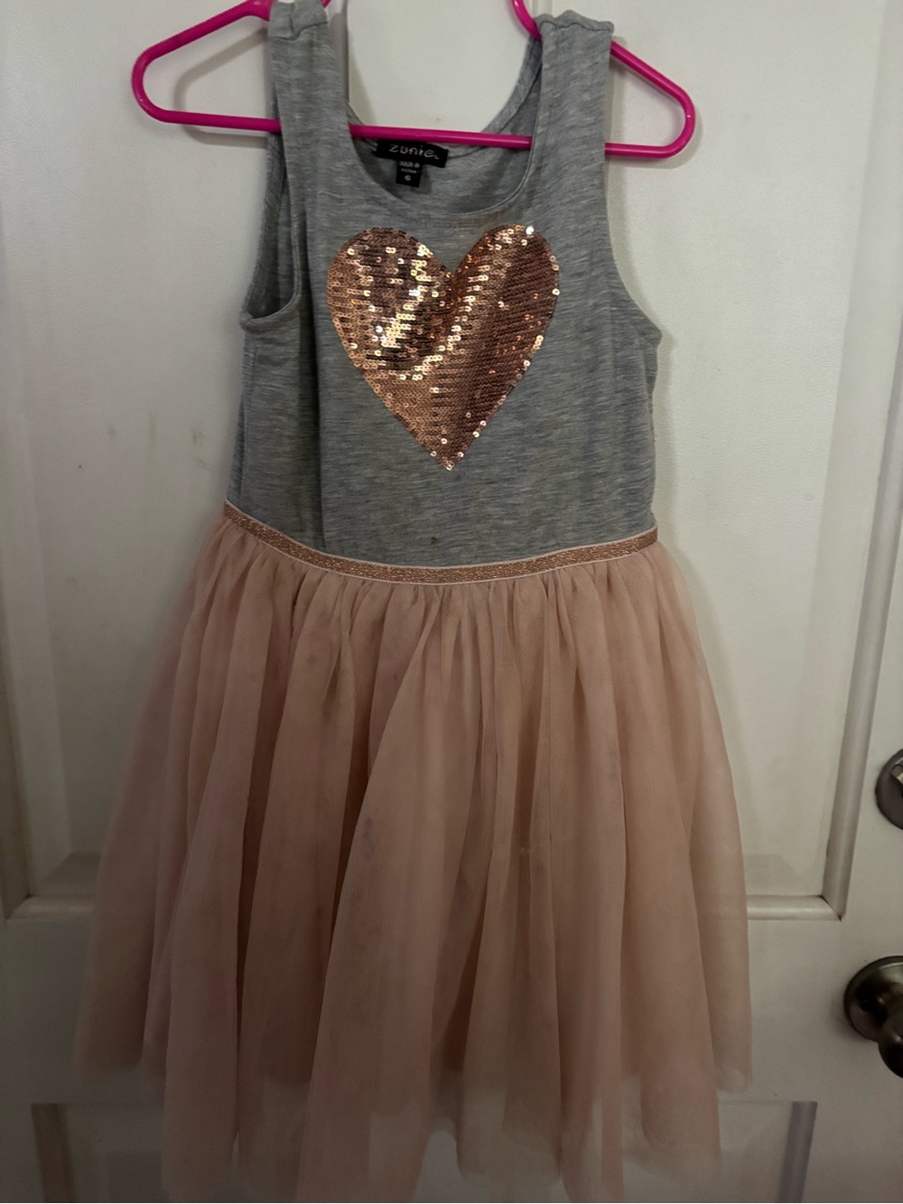Zunie Gray Tank Dress with Rose Gold Sequin Heart and Blush Tulle Skirt
